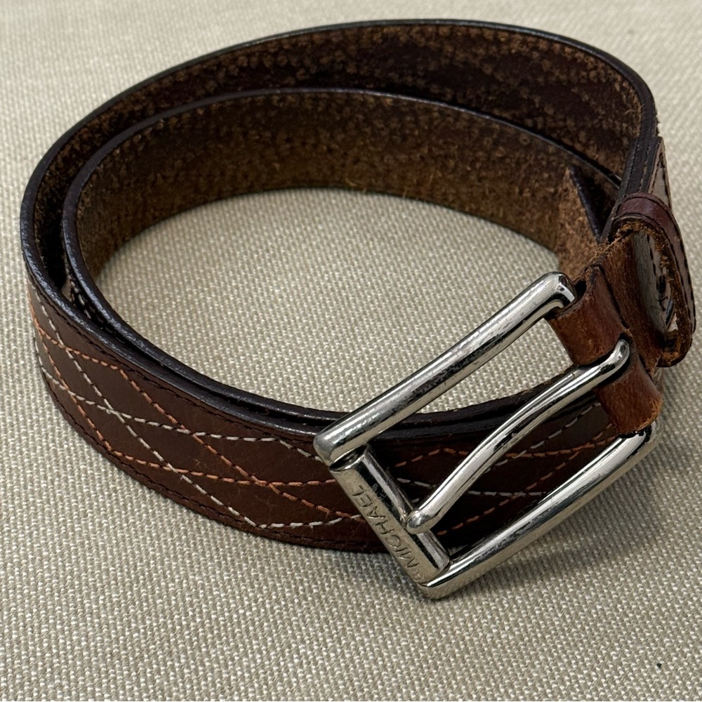Vintage 90s Michael Kors Brown Leather Belt w/Orange and Ivory Stitching Sz. M